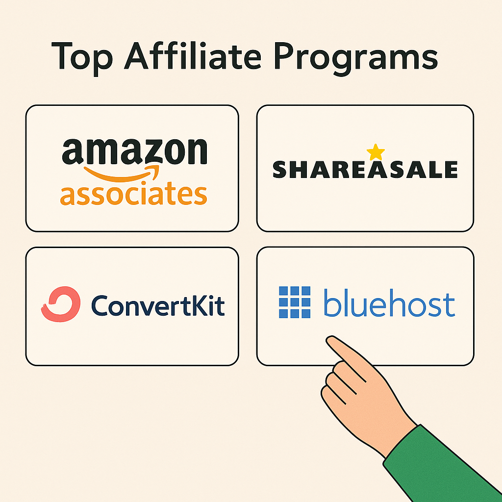 An infographic with logos of top affiliate programs: Amazon Associates, ShareASale, ConvertKit, and Bluehost, arranged in a clean grid layout with a hand pointing toward Bluehost.