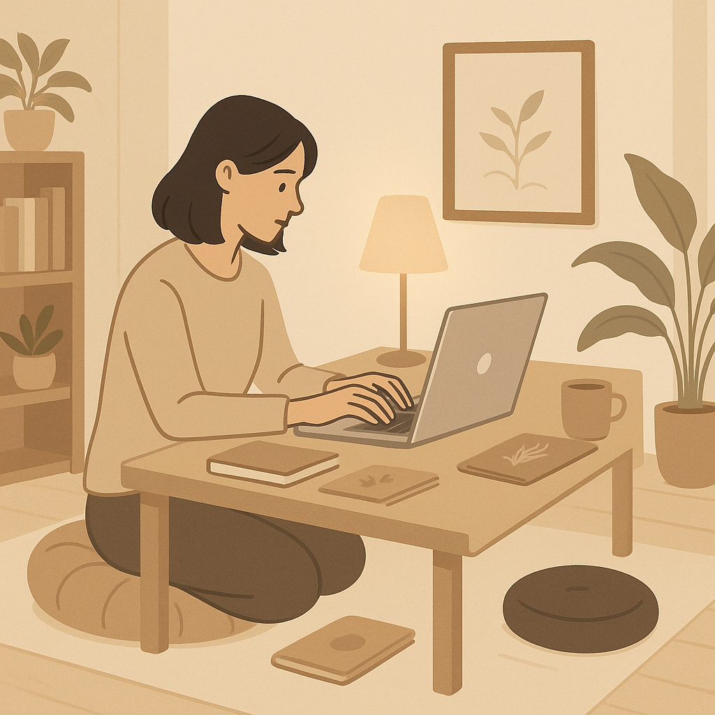 Minimalist digital illustration showing an introverted woman comfortably working from home, symbolizing the quiet freedom of affiliate marketing.