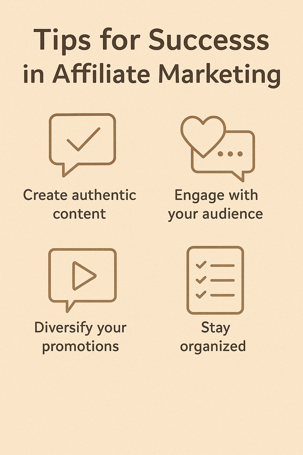 Infographic listing success tips for affiliate marketing including authentic content and audience engagement, perfect for introverted bloggers.