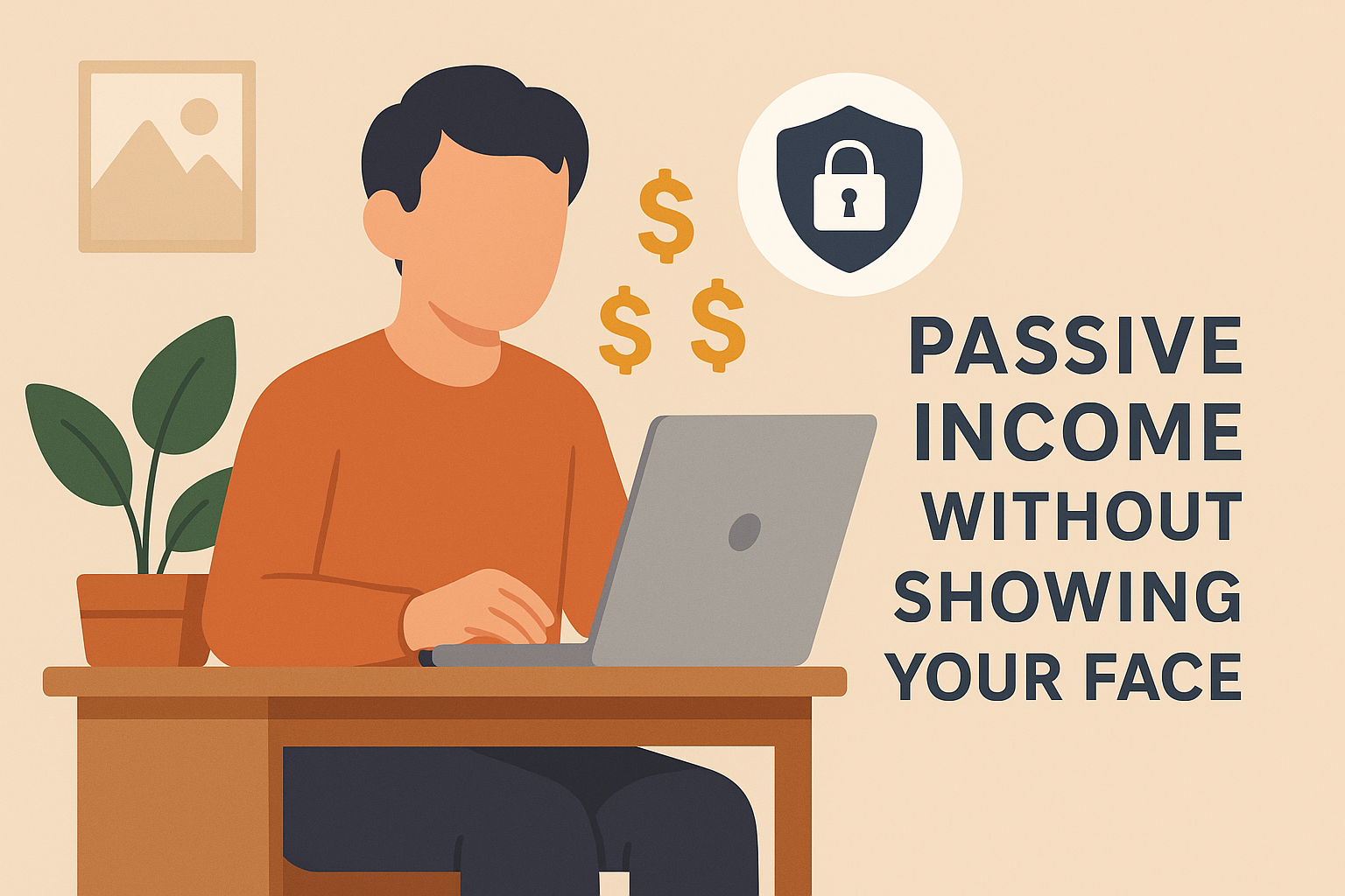 Minimalist digital illustration of a faceless content creator working at a laptop with dollar signs and a privacy symbol, representing passive income without revealing your face.