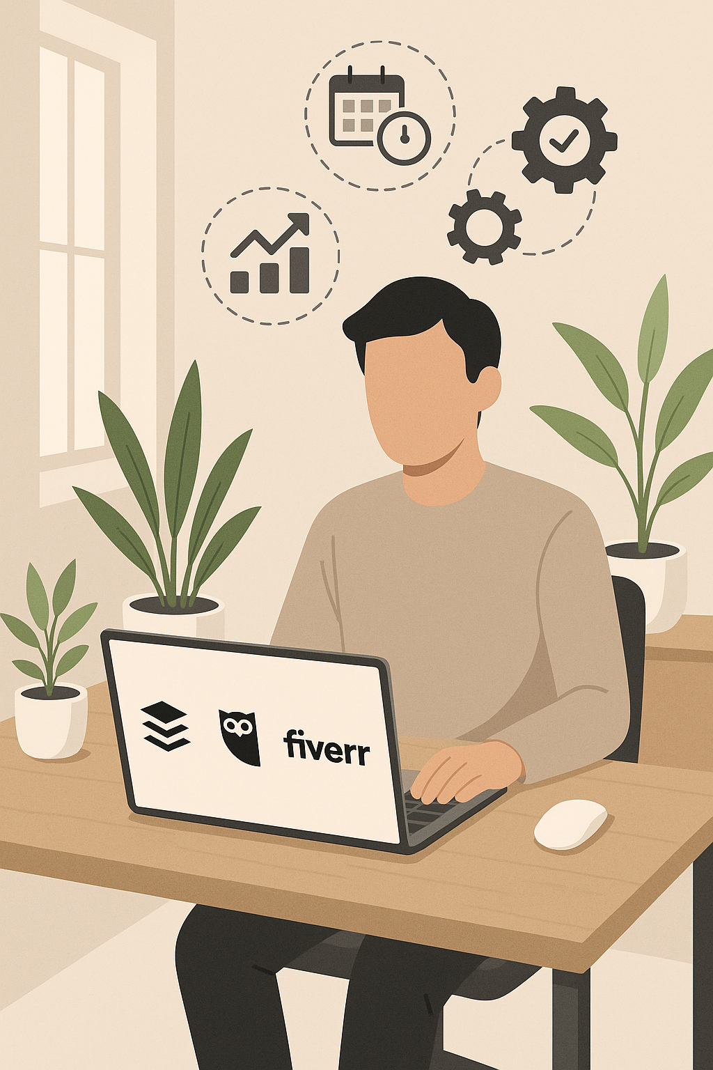 Infographic showing tools like Buffer, Hootsuite, Fiverr and Canva helping a faceless entrepreneur automate and outsource tasks.