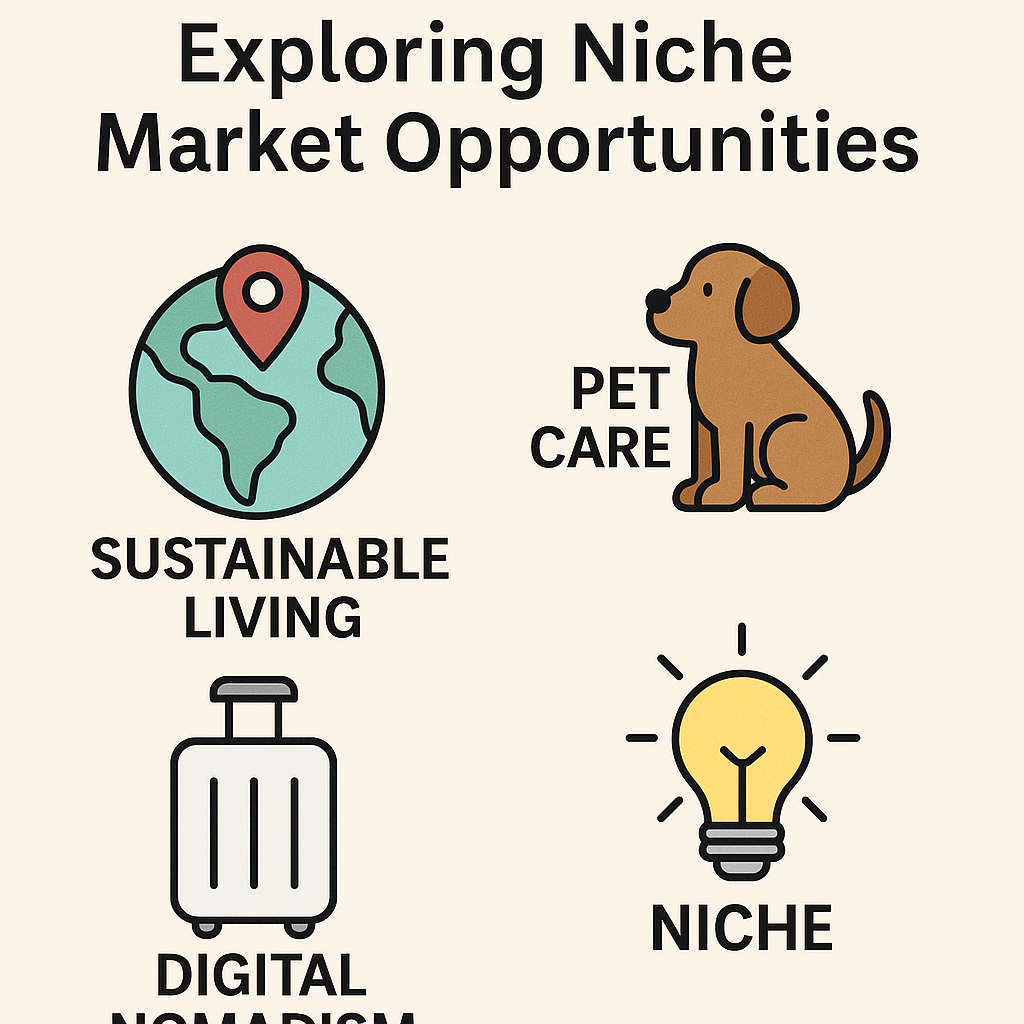 Illustration of small niche markets like pet care, eco living, or digital nomadism on a virtual whiteboard, with passive income arrows pointing outward.