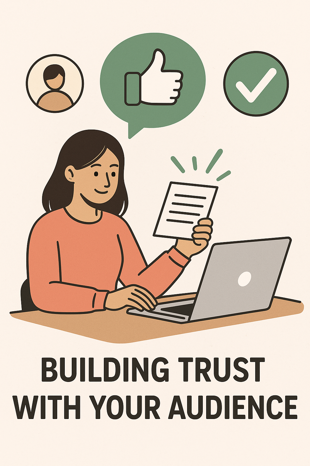 Woman smiling and holding content while engaging on laptop with trust-related icons.