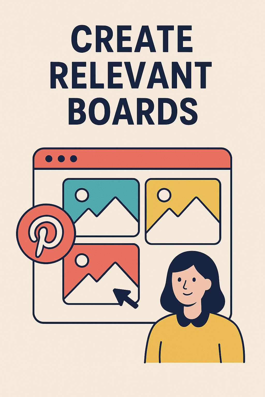 Flat illustration of Pinterest boards with a smiling woman and Pinterest logo, emphasizing board creation strategy.