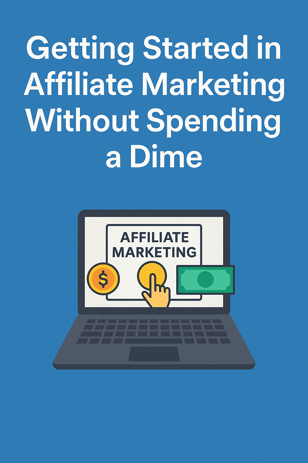 Laptop displaying affiliate marketing dashboard with dollar icons and a cursor, supporting the “without spending a dime” concept.