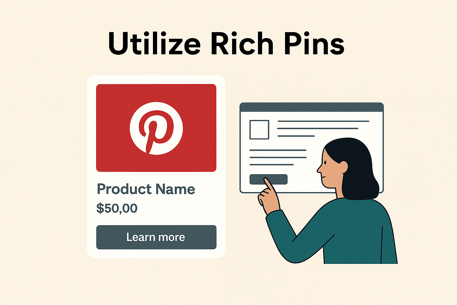 Illustration of a woman reviewing Pinterest rich pin with price, product name, and "Learn more" button.