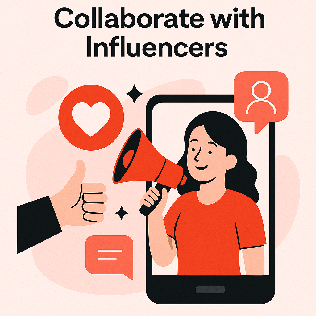 Illustration of a female influencer speaking into a megaphone from a smartphone screen with heart and like icons.
