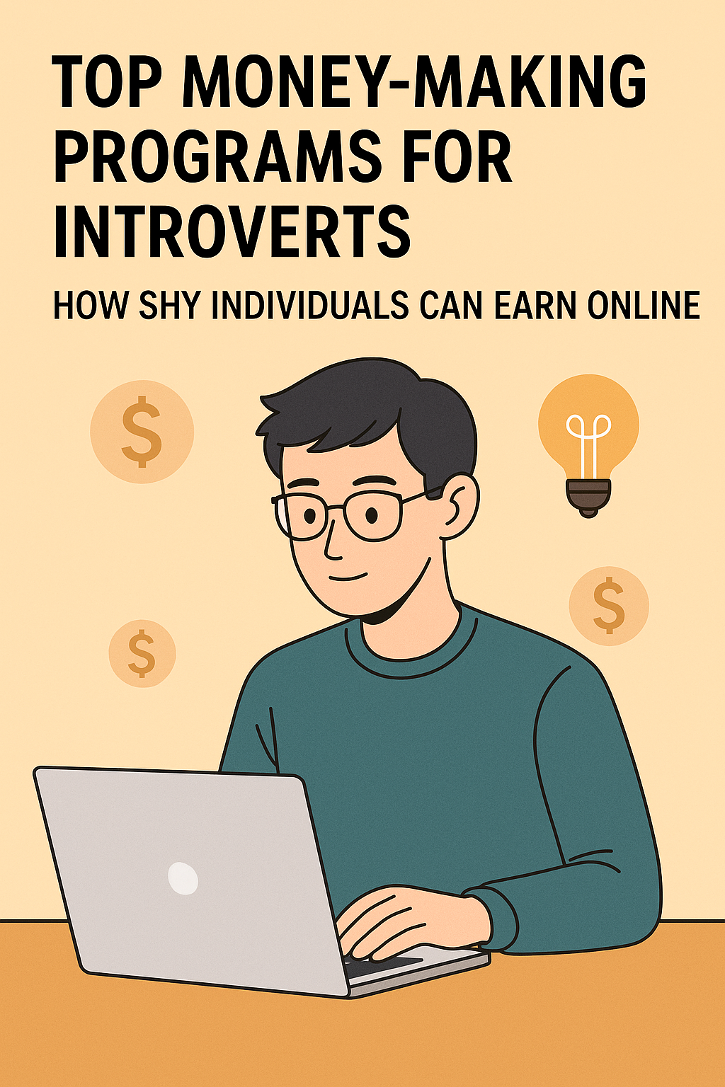 Digital illustration of a shy introvert working on a laptop with money icons and a light bulb, representing top online income programs for introverts.