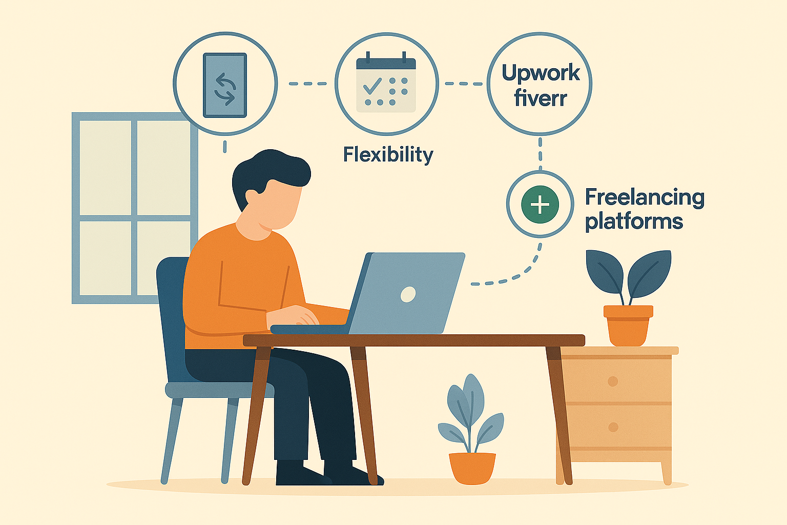 Flat digital illustration of an introvert calmly working from home on a laptop with icons representing autonomy, flexibility, and online platforms like Upwork and Fiverr.