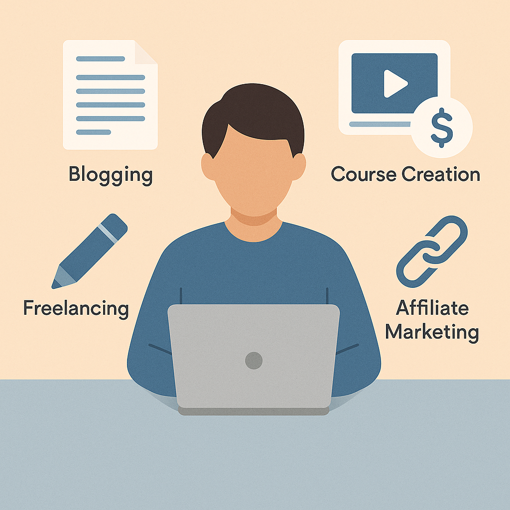 Digital workspace featuring icons for blogging, course creation, freelancing, and affiliate marketing, symbolizing top income streams for introverts.