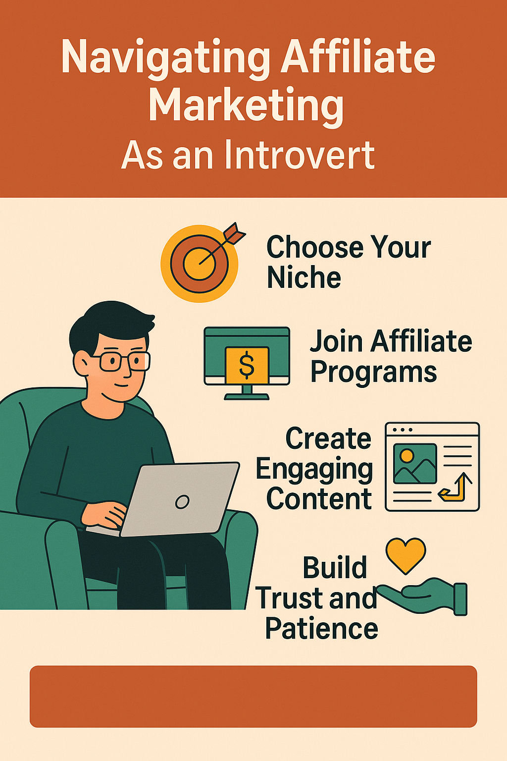 Faceless character creating a blog post and using affiliate links with product icons and social sharing tools, representing introvert-friendly affiliate strategies.