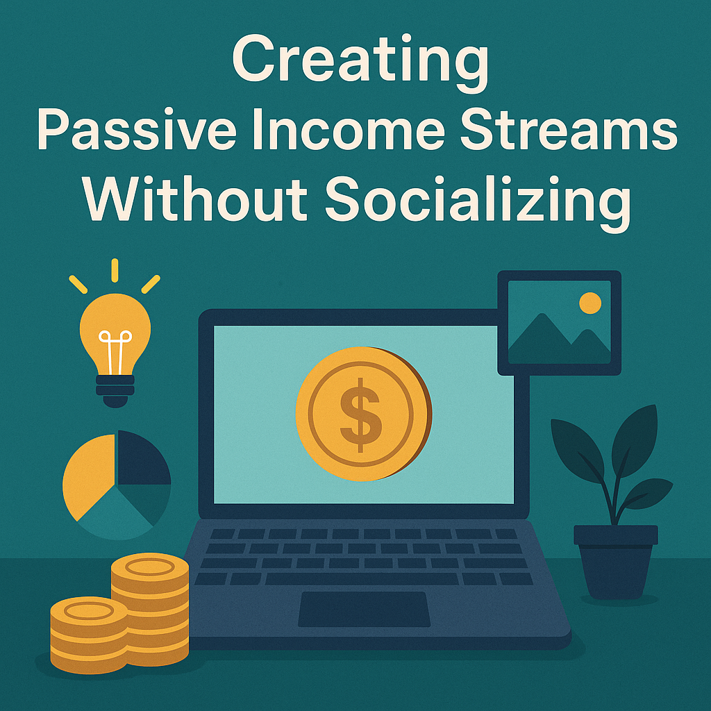  Illustration of digital products, online courses, and automated sales tools flowing into a money jar, showing how introverts earn passively online.