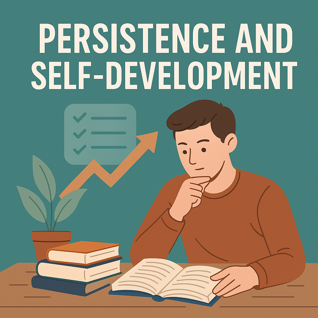 An introvert studying at a desk with a laptop, progress chart, and books labeled "growth," "SEO," and "skills," highlighting personal development.