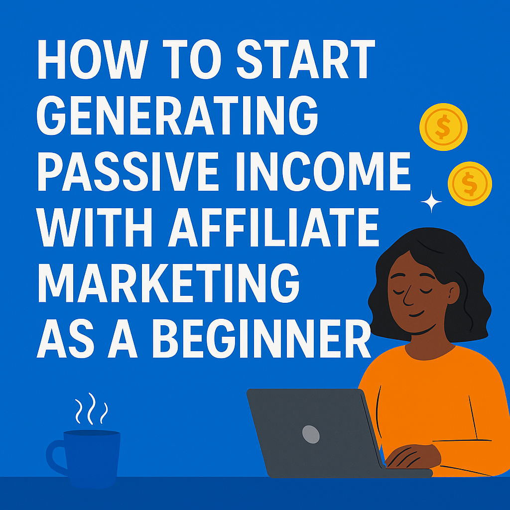 Illustration of a woman working on a laptop surrounded by affiliate icons and coins, representing beginner-friendly passive income through affiliate marketing.