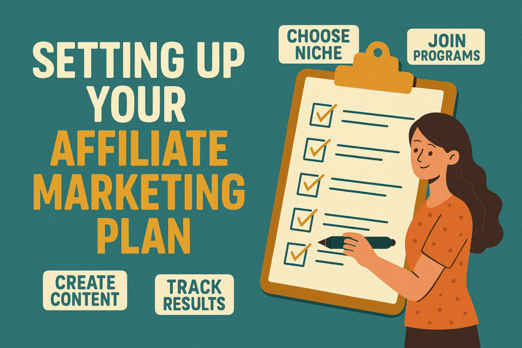 Checklist-style graphic showing steps like niche selection, affiliate signup, and content creation for beginners.