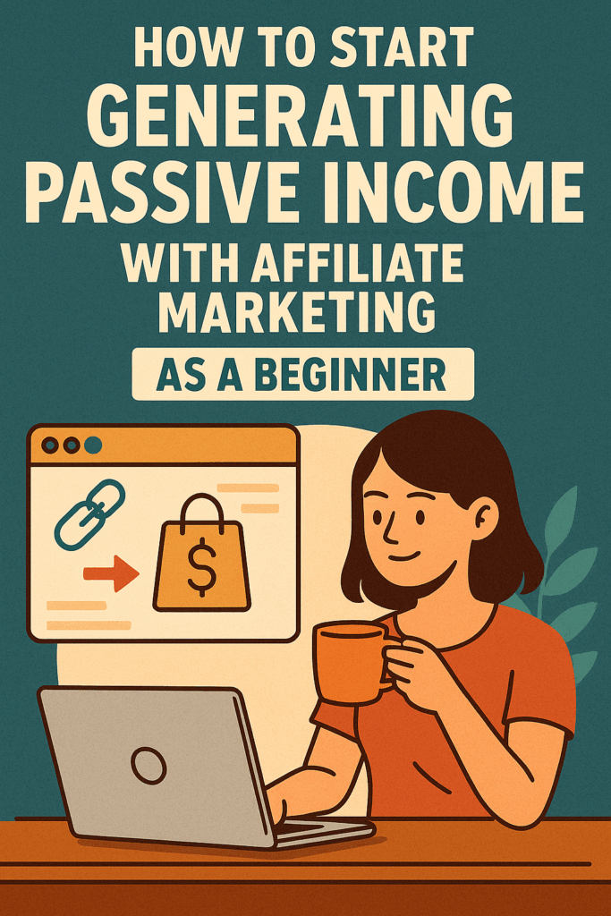 Flat-style digital illustration of a relaxed woman holding a coffee cup while using a laptop, symbolizing earning passive income through affiliate marketing.