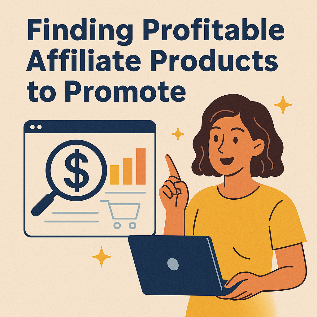 A digital infographic showing a person researching affiliate products with charts, graphs, and product icons, representing product evaluation and selection.