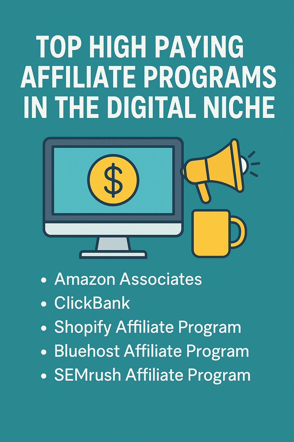  “List of top affiliate programs like Amazon, ClickBank, Shopify, Bluehost, and SEMrush.”