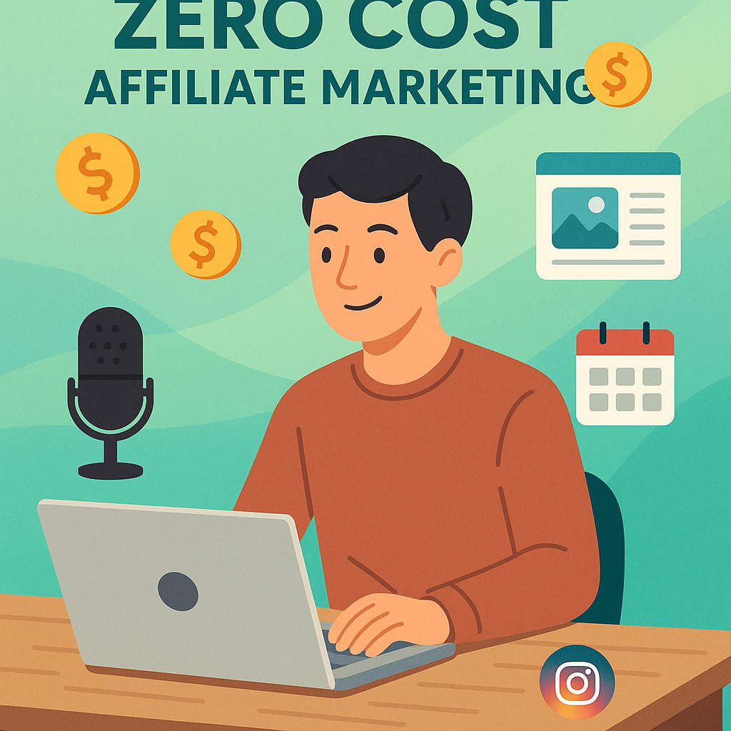 Illustration of a young man working on a laptop with dollar signs, microphone, and Instagram icon, representing zero-cost affiliate marketing.