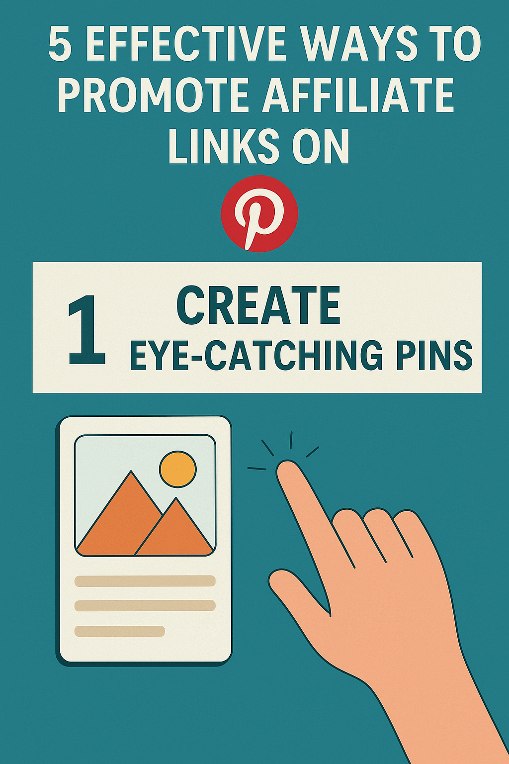 Graphic of a hand clicking a stylized Pinterest pin with bold heading “Create Eye-Catching Pins.”