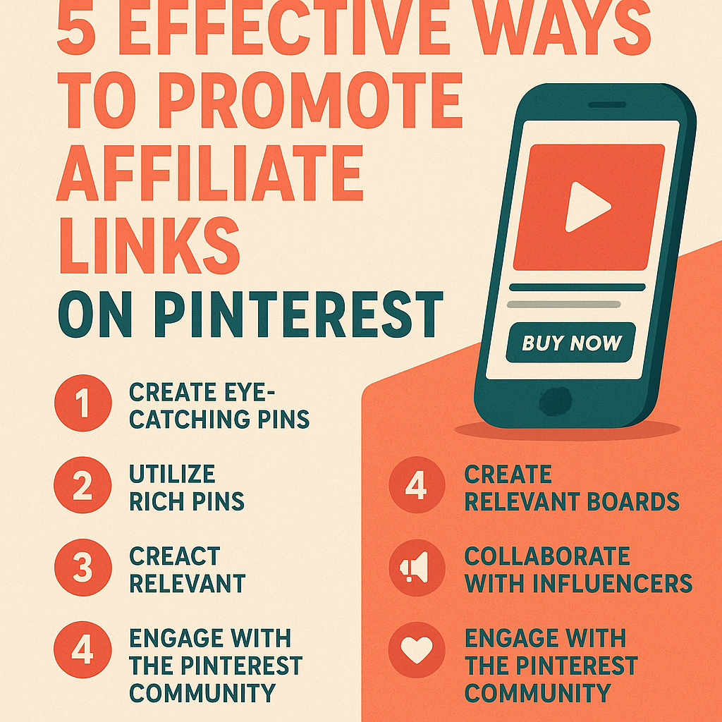 Infographic showing five effective ways to promote affiliate links on Pinterest, including icons for pins, boards, and influencers.