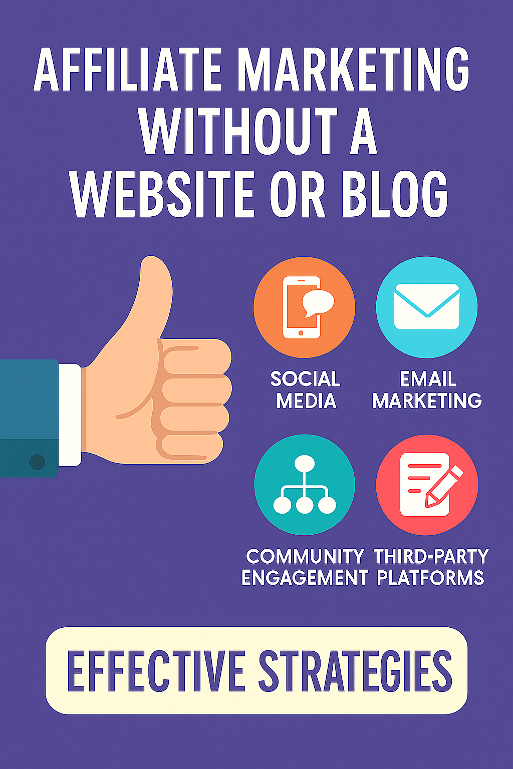 Infographic showing five strategies for affiliate marketing without a website, including icons for social media, email, community, and third-party platforms.