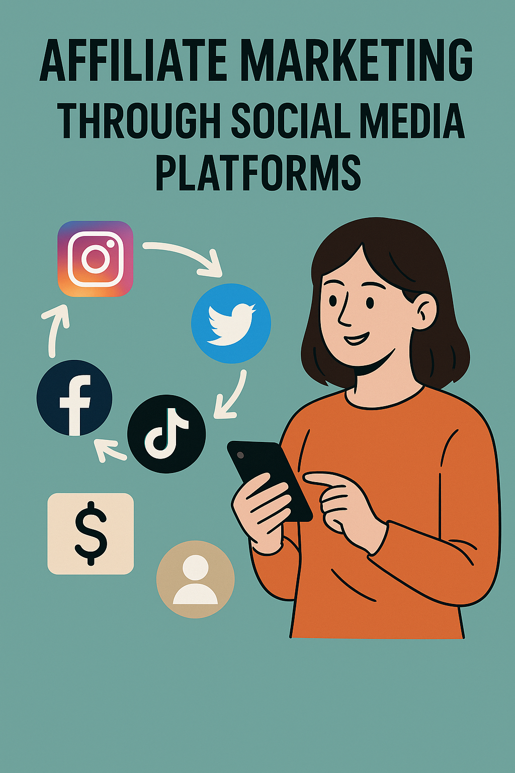 Illustration of a woman using her phone with arrows pointing to social media icons like Instagram, Facebook, Twitter, and TikTok for affiliate promotion.
