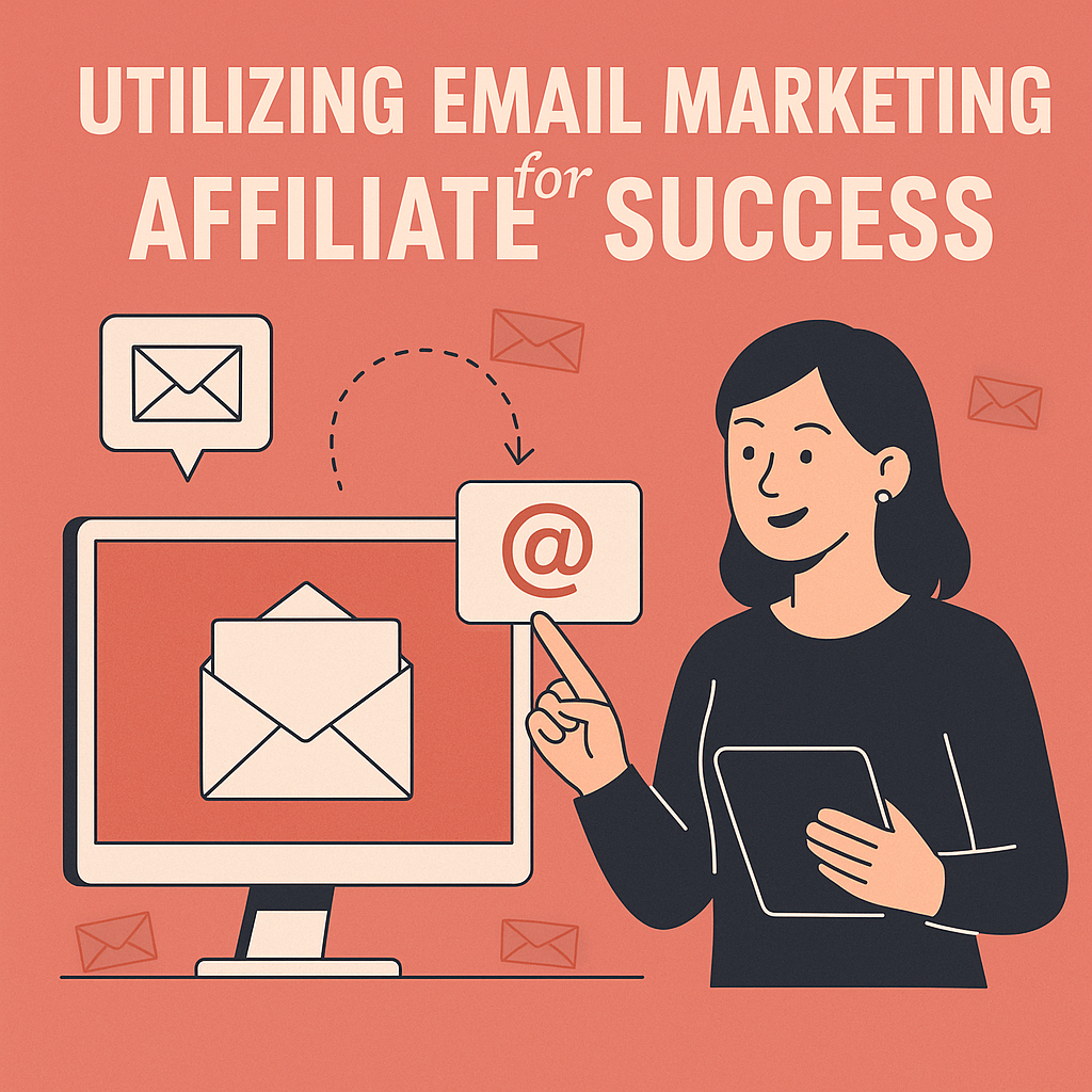 Flat illustration of a woman pointing to an email symbol on a computer, representing the use of email marketing in affiliate strategies.