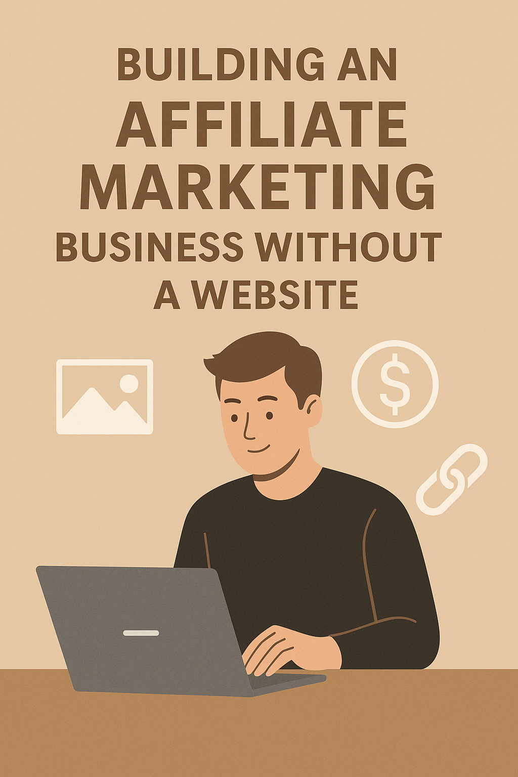Illustration of a man at a laptop with affiliate-related icons, showing how to build an affiliate marketing business without a website.