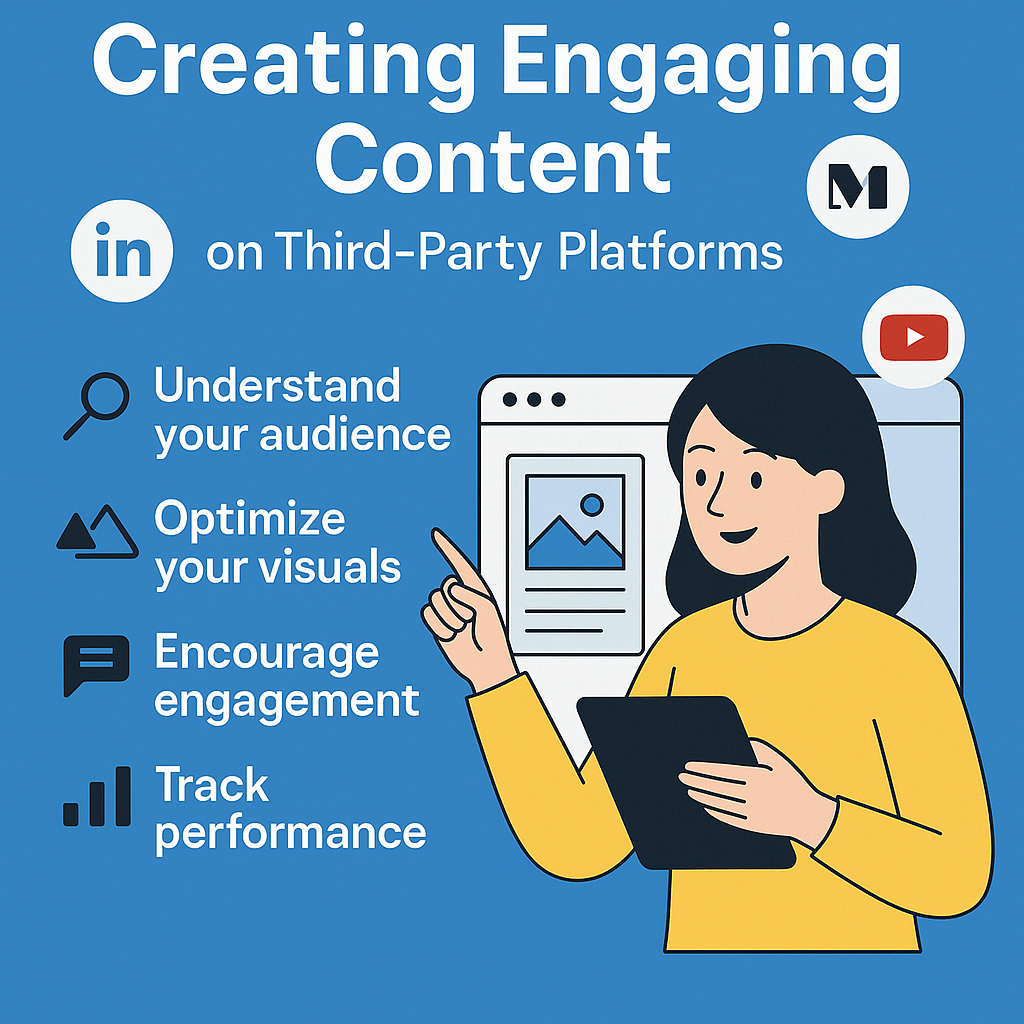 Infographic showing content creation tips for platforms like Medium, LinkedIn, and YouTube with a woman using a tablet and icons for visuals, SEO, and analytics.