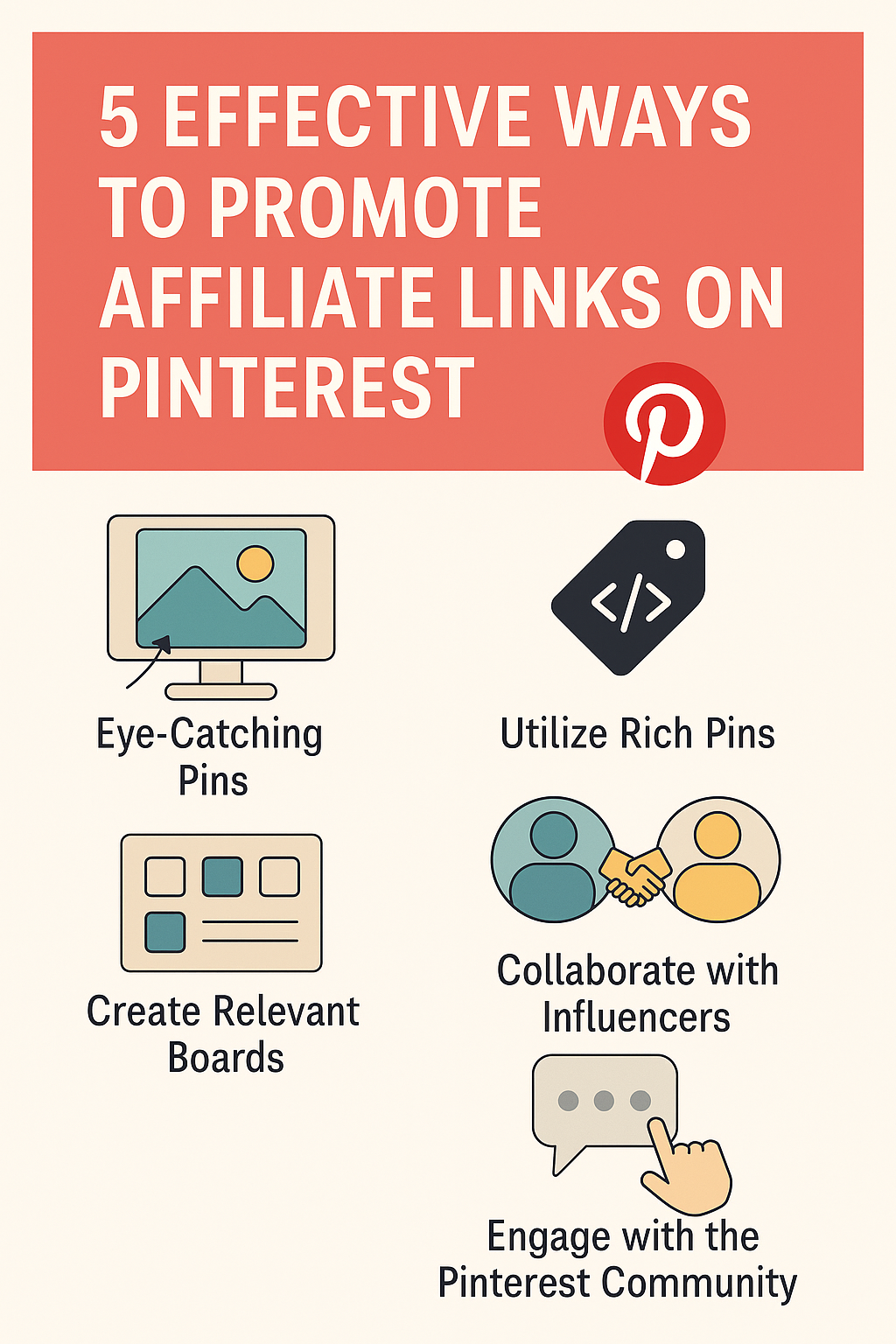  Infographic summarizing five methods including pins, rich pins, boards, influencer collaborations, and community engagement.